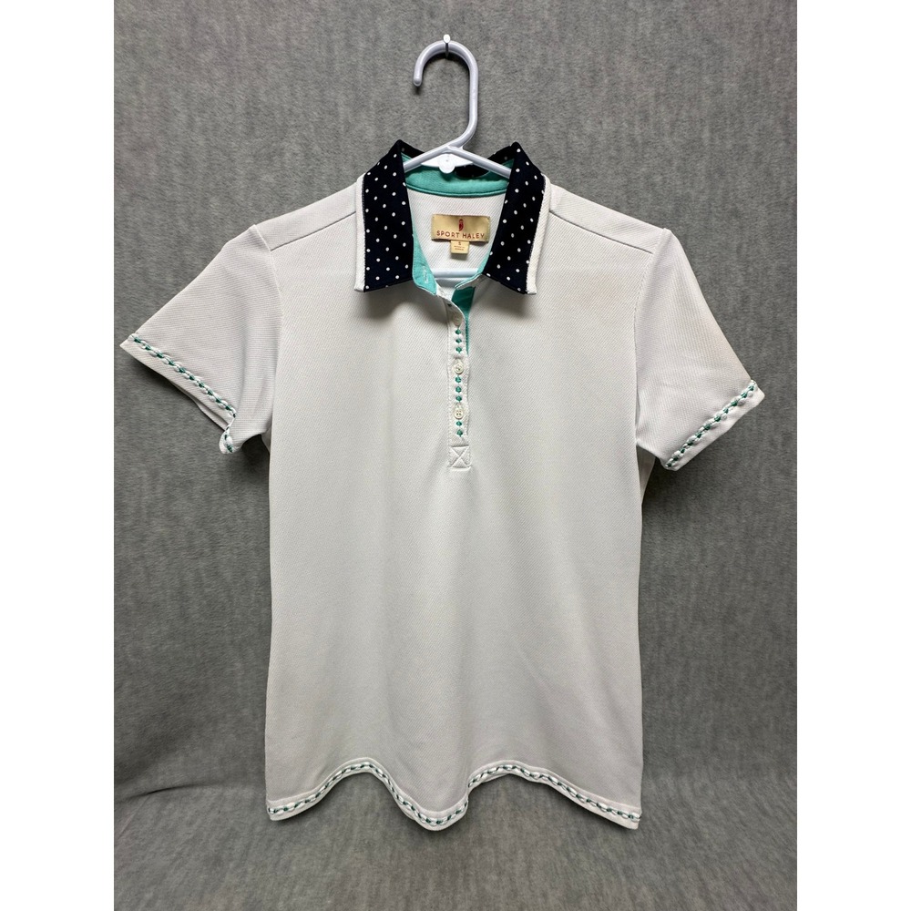 Sport Haley Polo‎ Shirt White Polka Dot Collar Scalloped Hem Teal Accents